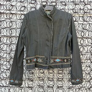 Miss Me Aztec Southwestern Stud Olive Canvas Military Jacket Ruffles LARGE